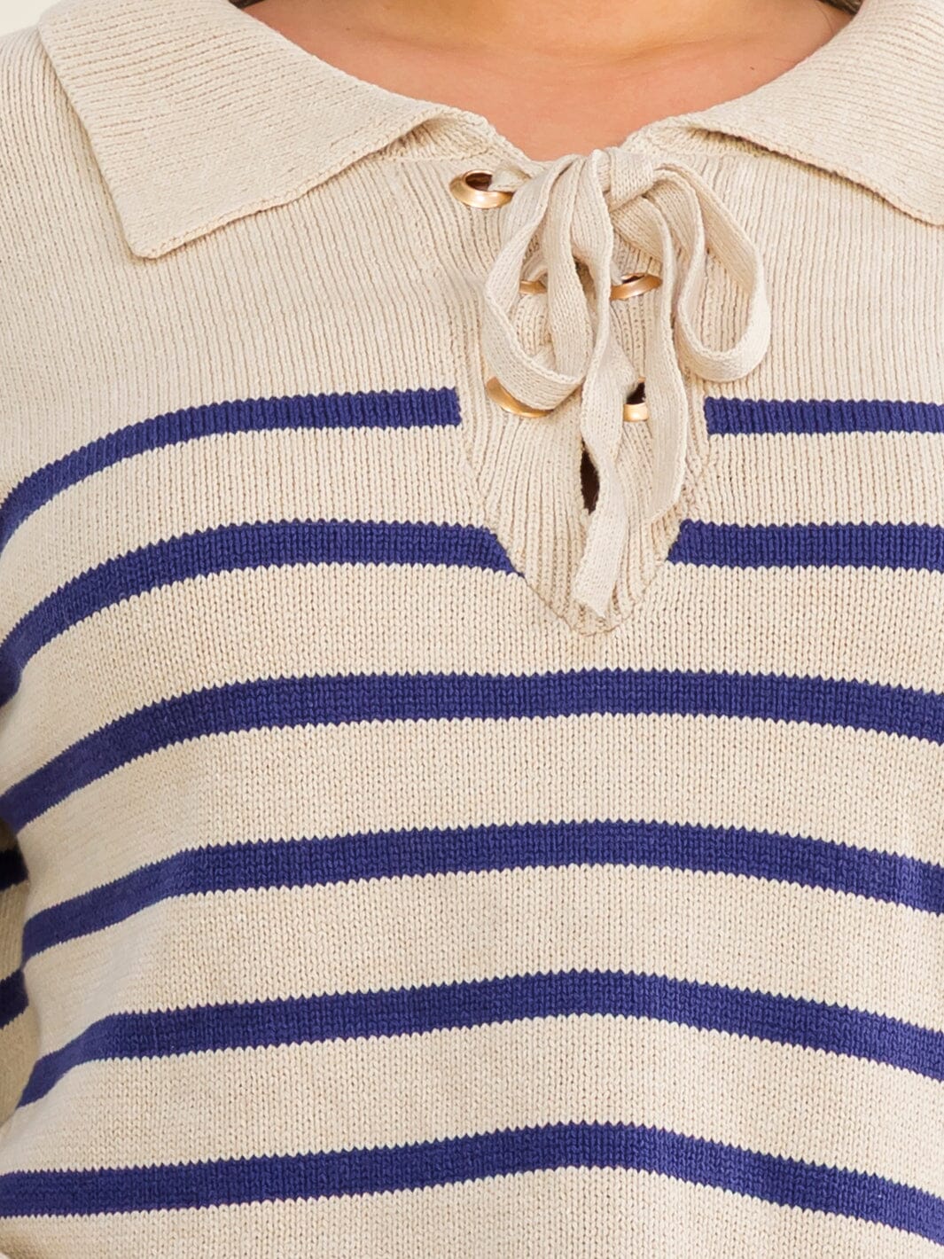 PLUS SIZE LONG SLEEVE V-NECK LACE UP COLORBLOCK STRIPES PULLOVER SWEATER