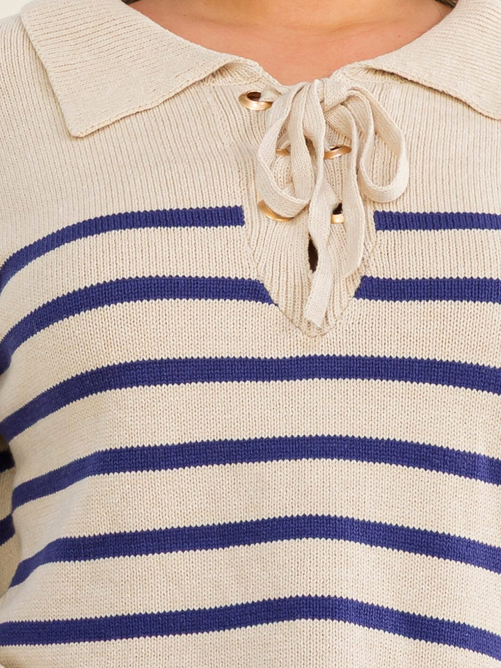 PLUS SIZE LONG SLEEVE V-NECK LACE UP COLORBLOCK STRIPES PULLOVER SWEATER