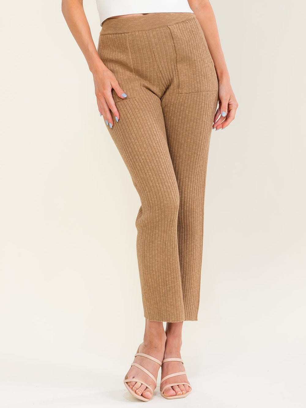 WOMEN'S ELASTIC WAIST FRONT POCKETS RIBBED STRAIGHT LEG PANTS