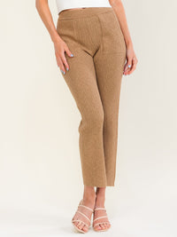WOMEN'S ELASTIC WAIST FRONT POCKETS RIBBED STRAIGHT LEG PANTS
