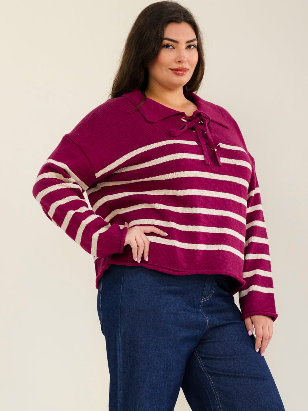 PLUS SIZE LONG SLEEVE V-NECK LACE UP COLORBLOCK STRIPES PULLOVER SWEATER
