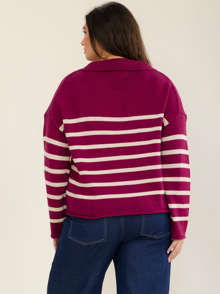 PLUS SIZE LONG SLEEVE V-NECK LACE UP COLORBLOCK STRIPES PULLOVER SWEATER