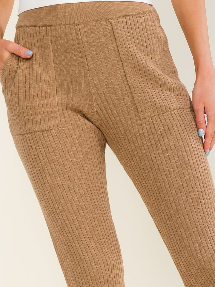 WOMEN'S ELASTIC WAIST FRONT POCKETS RIBBED STRAIGHT LEG PANTS