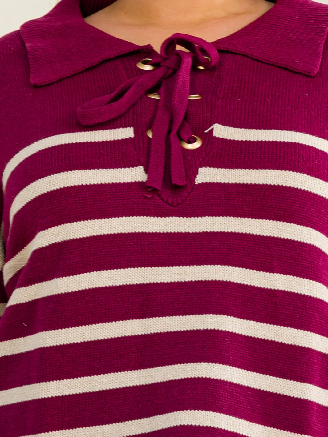 PLUS SIZE LONG SLEEVE V-NECK LACE UP COLORBLOCK STRIPES PULLOVER SWEATER