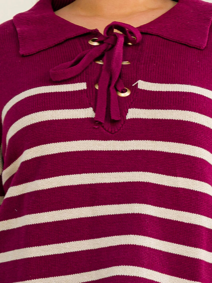 PLUS SIZE LONG SLEEVE V-NECK LACE UP COLORBLOCK STRIPES PULLOVER SWEATER