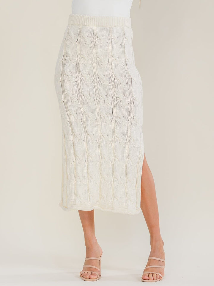 WOMEN'S ELASTIC WAIST CABLE KNIT SIDE SLIT MAXI SKIRT