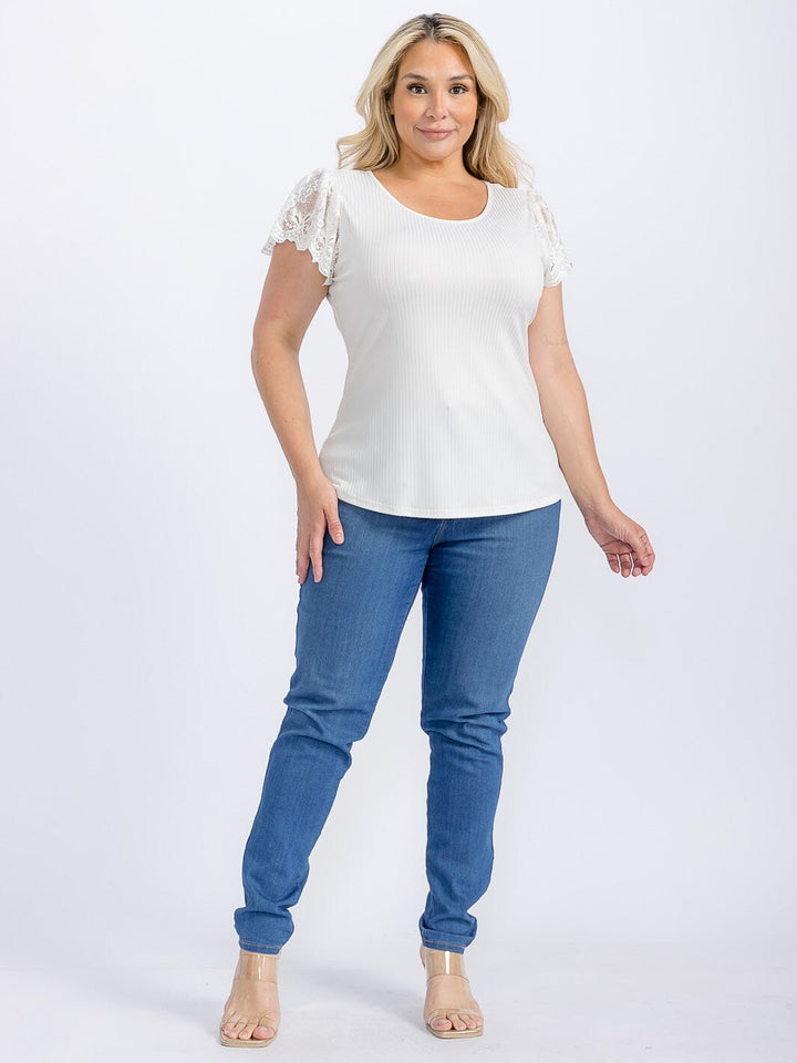 PLUS SIZE SHORT RUFFLE SLEEVE LACE RIBBED BLOUSE