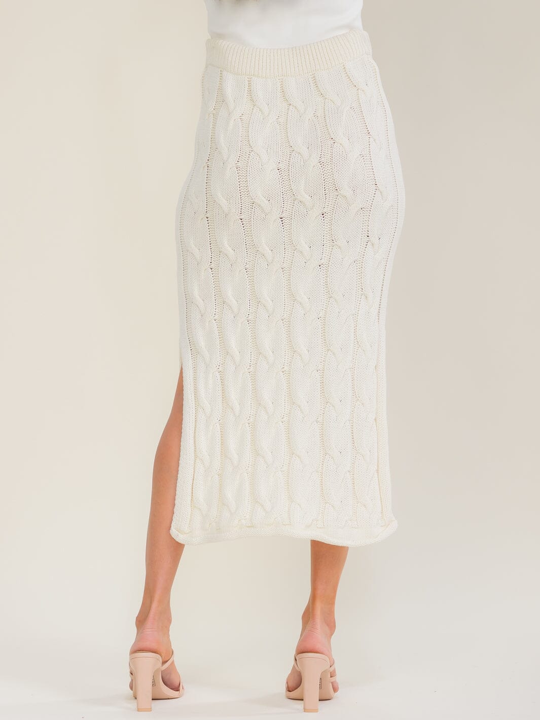 WOMEN'S ELASTIC WAIST CABLE KNIT SIDE SLIT MAXI SKIRT