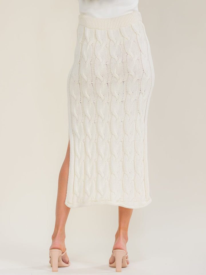 WOMEN'S ELASTIC WAIST CABLE KNIT SIDE SLIT MAXI SKIRT