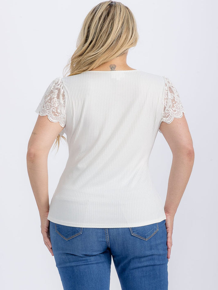 PLUS SIZE SHORT RUFFLE SLEEVE LACE RIBBED BLOUSE