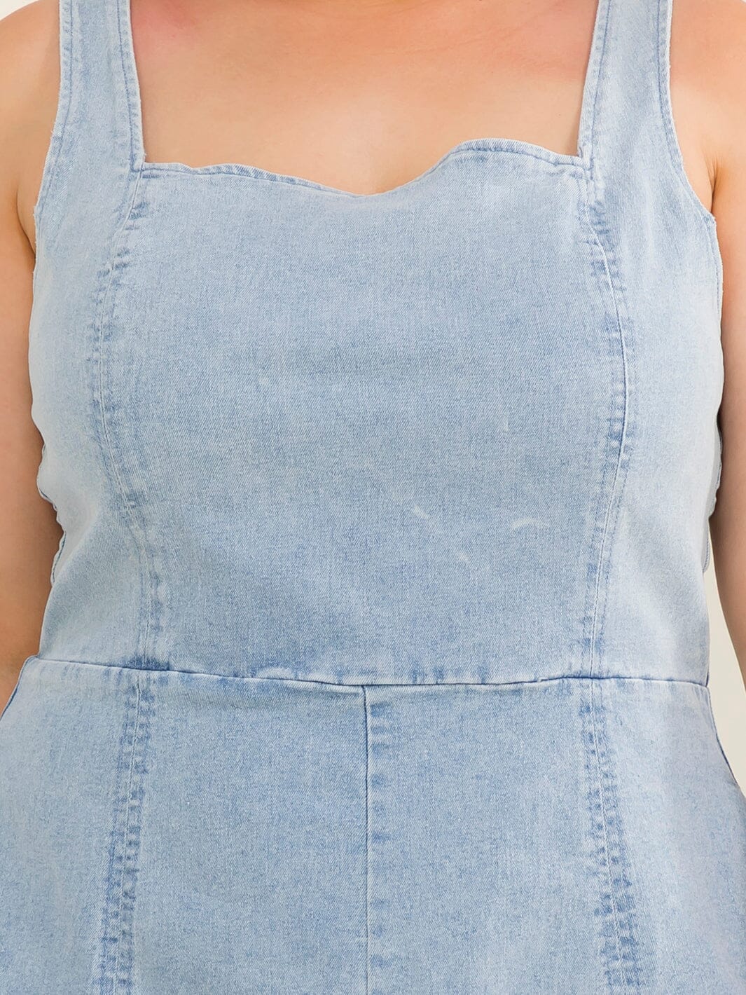 PLUS SIZE SLEEVELESS SQUARE NECK FRONT POCKETS DENIM ROMPER