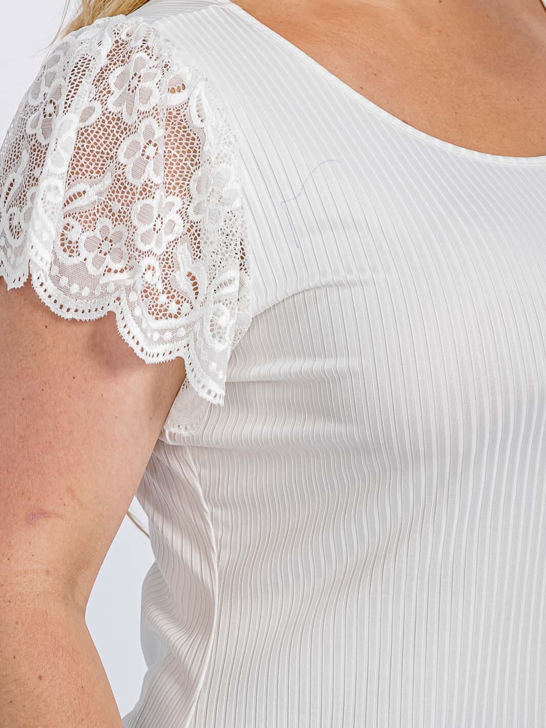 PLUS SIZE SHORT RUFFLE SLEEVE LACE RIBBED BLOUSE