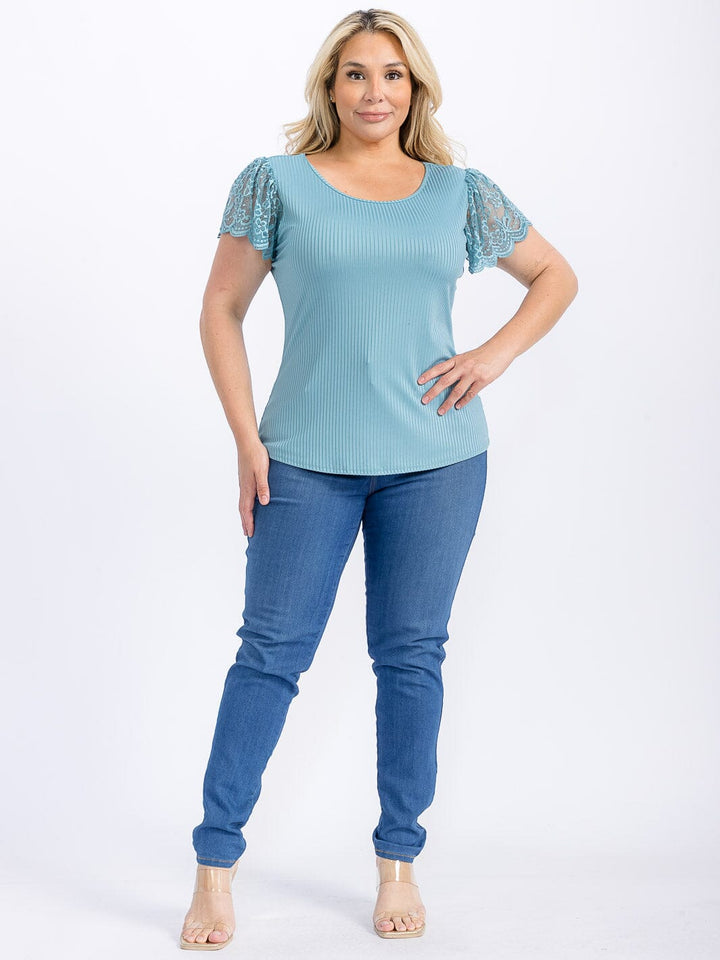 PLUS SIZE SHORT RUFFLE SLEEVE LACE RIBBED BLOUSE
