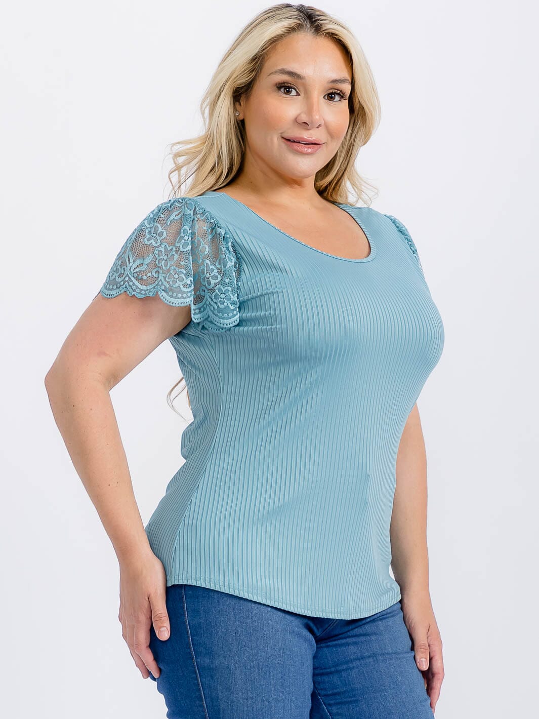 PLUS SIZE SHORT RUFFLE SLEEVE LACE RIBBED BLOUSE