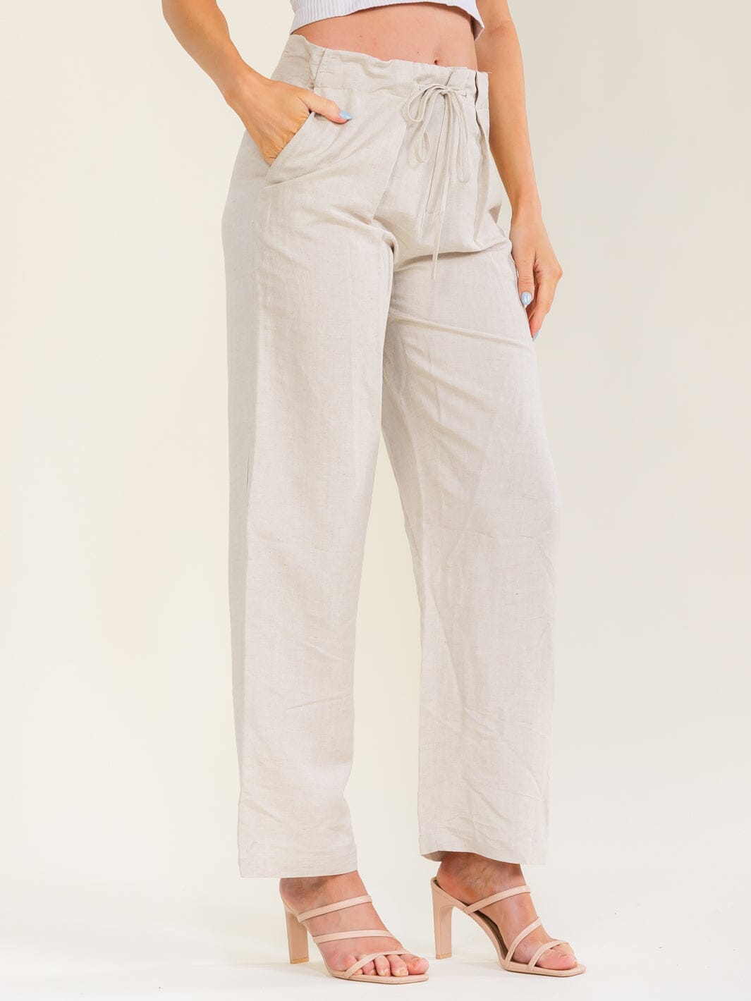 WOMEN'S BUTTON CLOSURE POCKETS ADJUSTABLE WAIST WIDE LEG LINEN PANTS