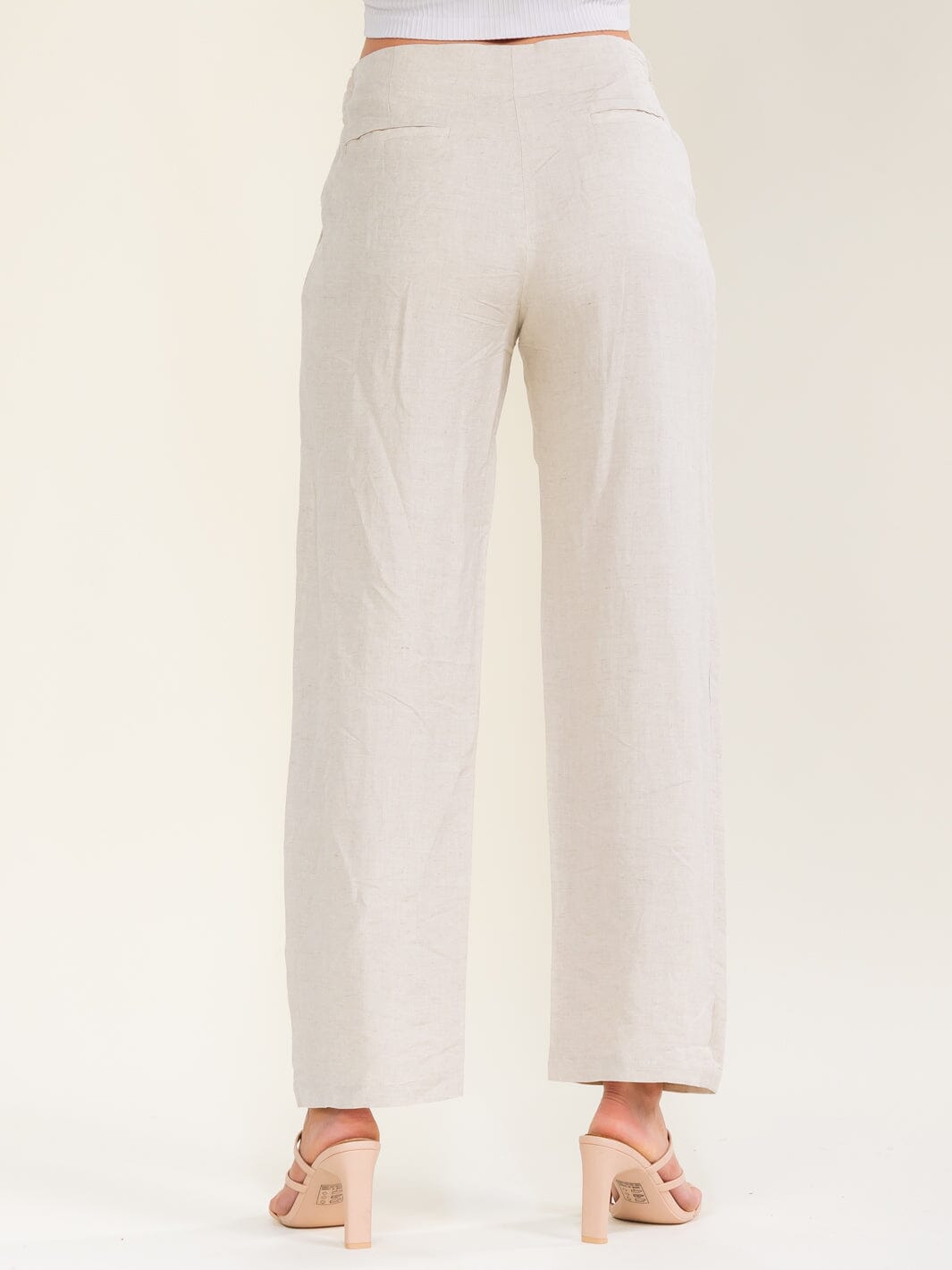 WOMEN'S BUTTON CLOSURE POCKETS ADJUSTABLE WAIST WIDE LEG LINEN PANTS