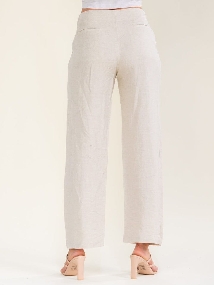 WOMEN'S BUTTON CLOSURE POCKETS ADJUSTABLE WAIST WIDE LEG LINEN PANTS