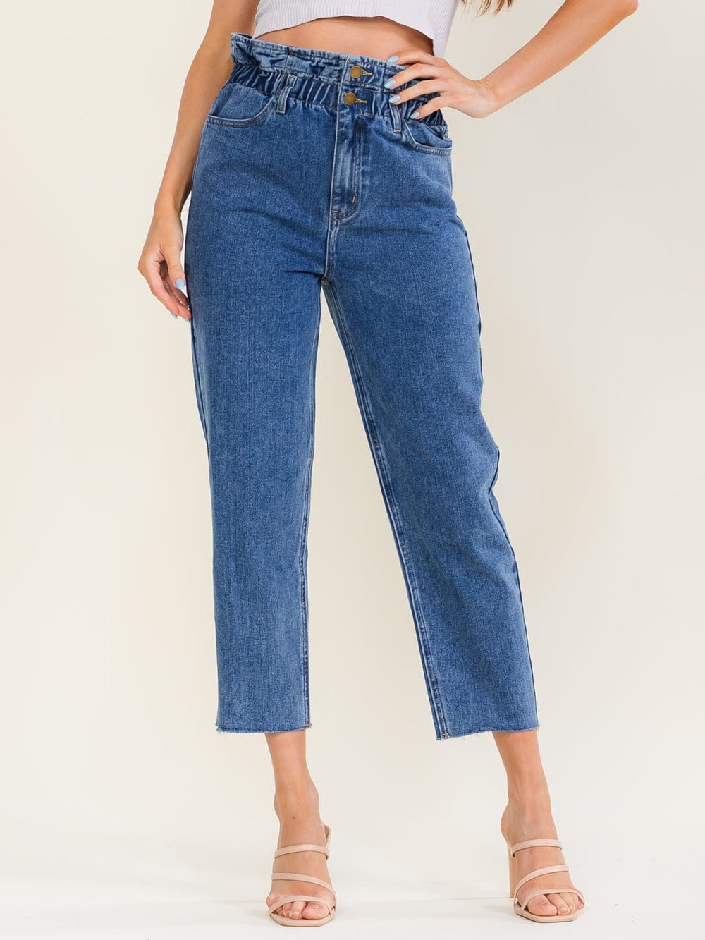 WOMEN'S BUTTON CLOSURE ELASTIC WAIST POCKETS STRAIGHT LEG DENIM PANTS