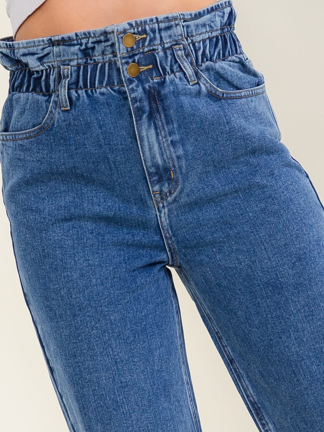 WOMEN'S BUTTON CLOSURE ELASTIC WAIST POCKETS STRAIGHT LEG DENIM PANTS
