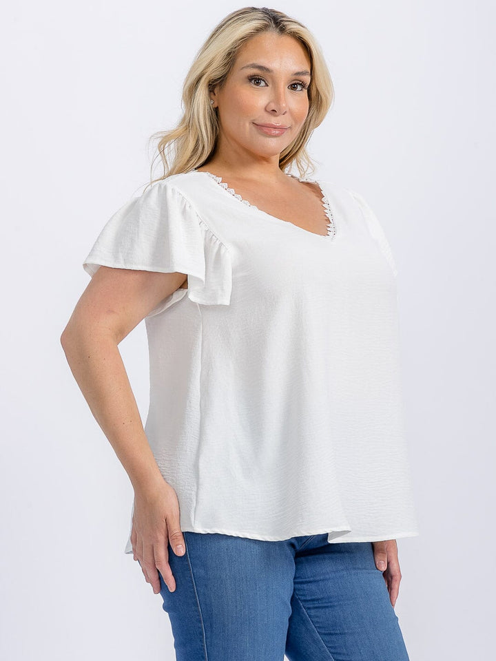 PLUS SIZE SHORT SLEEVE TRIM DETAILED V-NECK BLOUSE