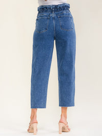 WOMEN'S BUTTON CLOSURE ELASTIC WAIST POCKETS STRAIGHT LEG DENIM PANTS