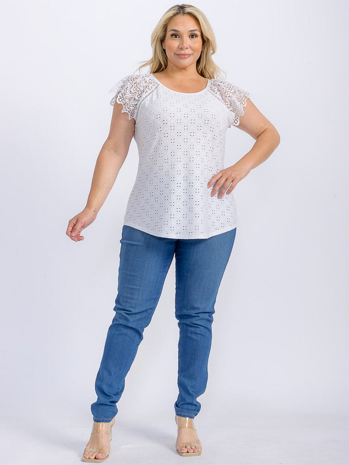 PLUS SIZE SHORT SLEEVE CROCHET EYELET BLOUSE