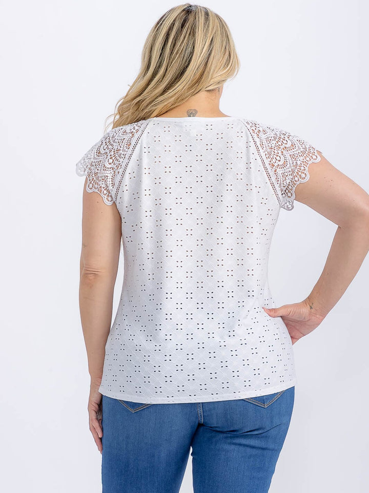 PLUS SIZE SHORT SLEEVE CROCHET EYELET BLOUSE