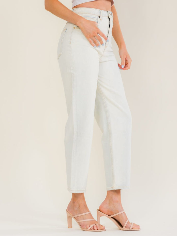 WOMEN'S BUTTON CLOSURE POCKETS STRAIGHT LEG WASHED DENIM PANTS