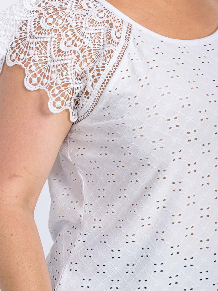 PLUS SIZE SHORT SLEEVE CROCHET EYELET BLOUSE