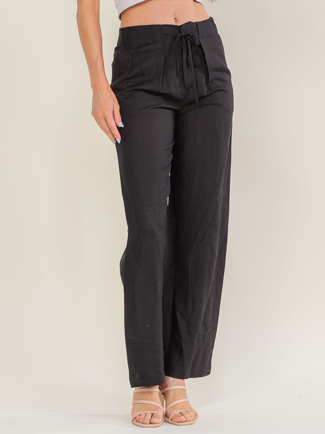 WOMEN'S BUTTON CLOSURE POCKETS ADJUSTABLE WAIST WIDE LEG LINEN PANTS