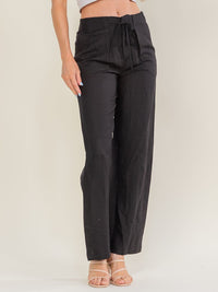 WOMEN'S BUTTON CLOSURE POCKETS ADJUSTABLE WAIST WIDE LEG LINEN PANTS