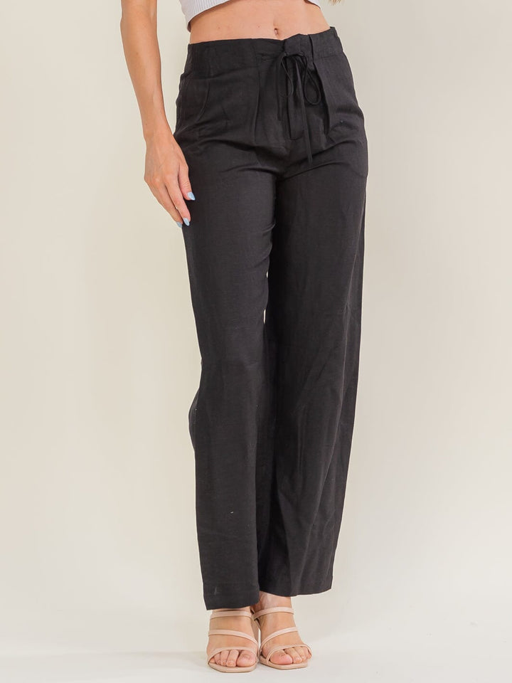 WOMEN'S BUTTON CLOSURE POCKETS ADJUSTABLE WAIST WIDE LEG LINEN PANTS