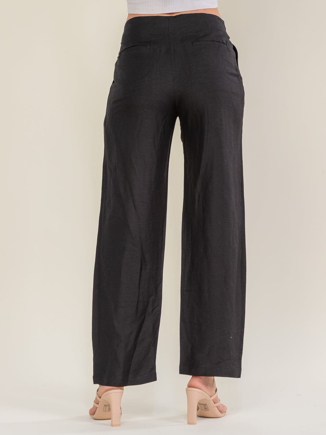 WOMEN'S BUTTON CLOSURE POCKETS ADJUSTABLE WAIST WIDE LEG LINEN PANTS