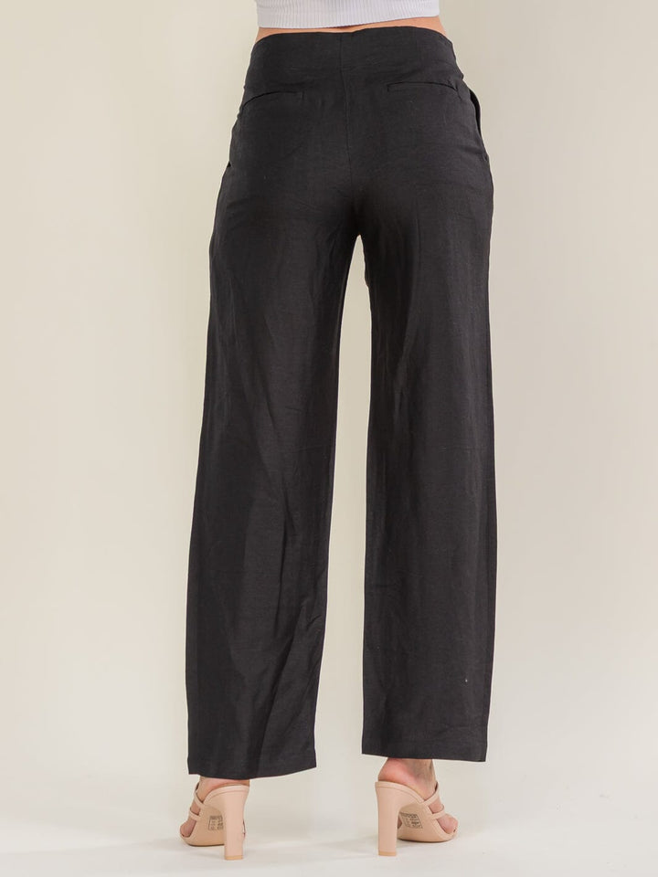 WOMEN'S BUTTON CLOSURE POCKETS ADJUSTABLE WAIST WIDE LEG LINEN PANTS