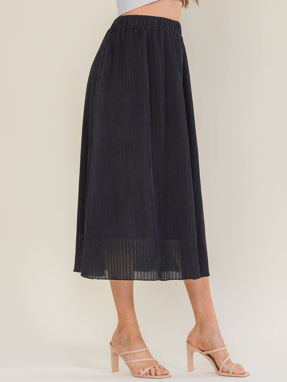 ******WOMEN'S ELASTIC WAIST POCKETS PLEATED MIDI SKIRT
