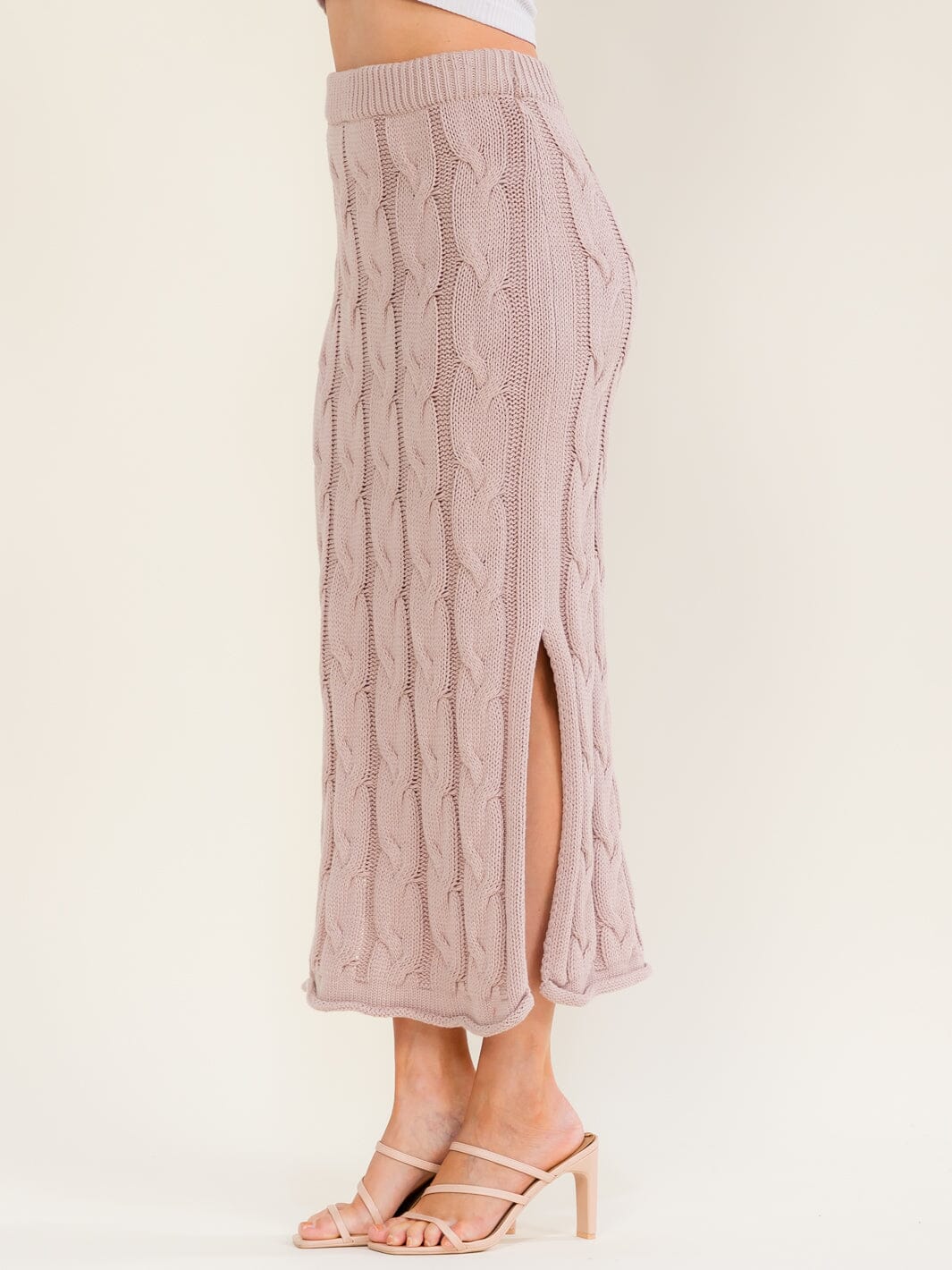 WOMEN'S ELASTIC WAIST CABLE KNIT SIDE SLIT MAXI SKIRT