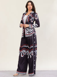 HALFHEART WOMEN'S LONG SLEEVE OPEN FRONT BLAZER & ELASTIC WAIST WIDE LEG PANTS MULTI PRINT 2PC. SET