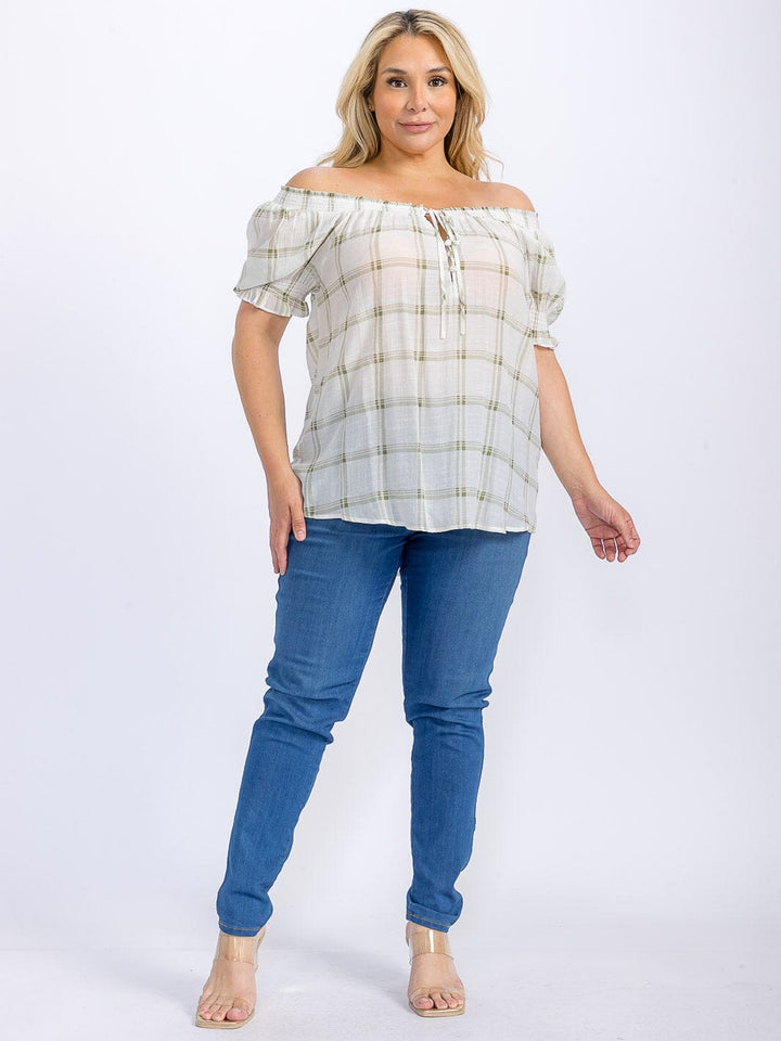 PLUS SIZE SHORT PUFF SLEEVE HIGH-LOW PLAID BLOUSE