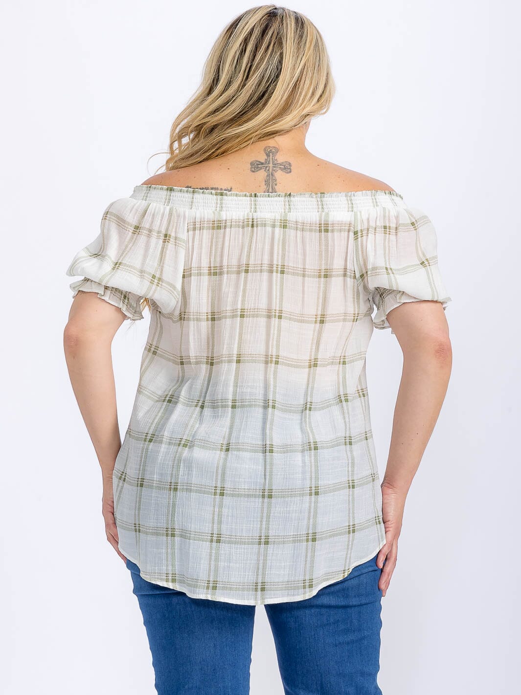 PLUS SIZE SHORT PUFF SLEEVE HIGH-LOW PLAID BLOUSE