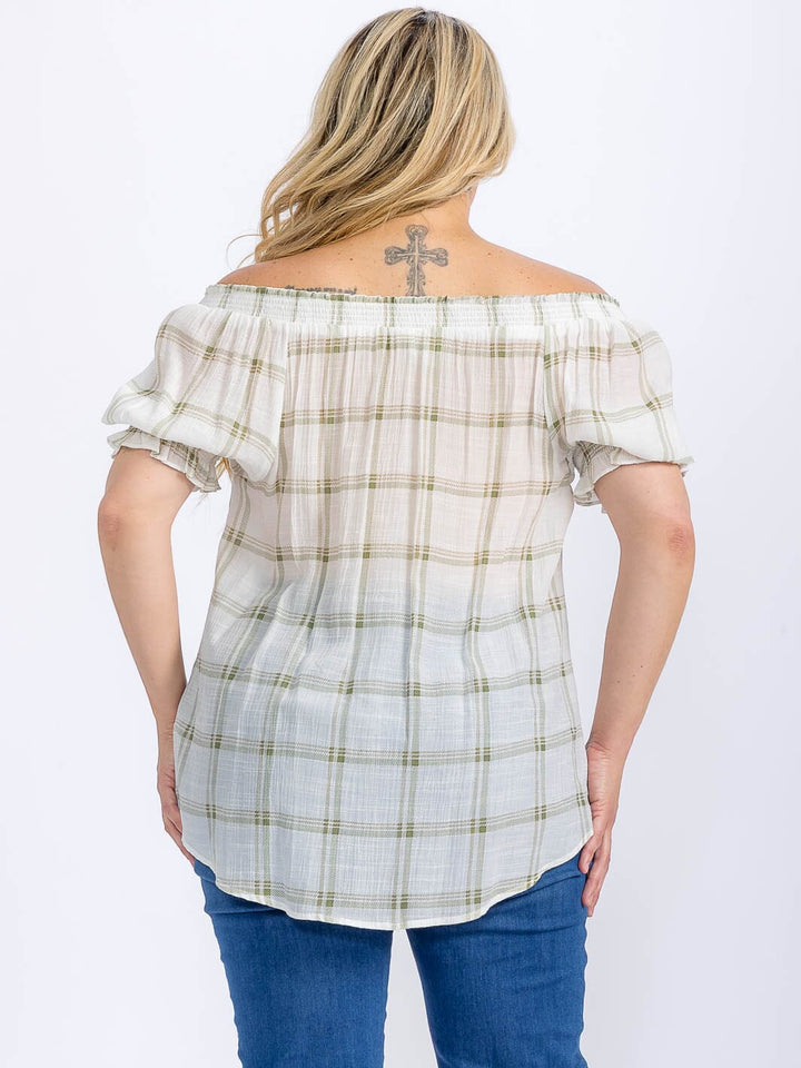 PLUS SIZE SHORT PUFF SLEEVE HIGH-LOW PLAID BLOUSE