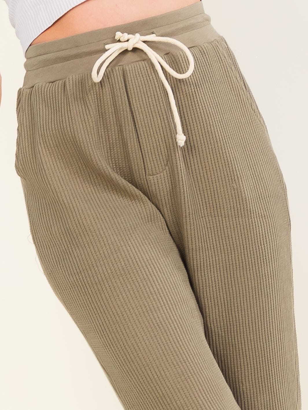 WOMEN'S ELASTIC WAIST FRONT POCKETS SELF TIE JOGGER LEG PANTS