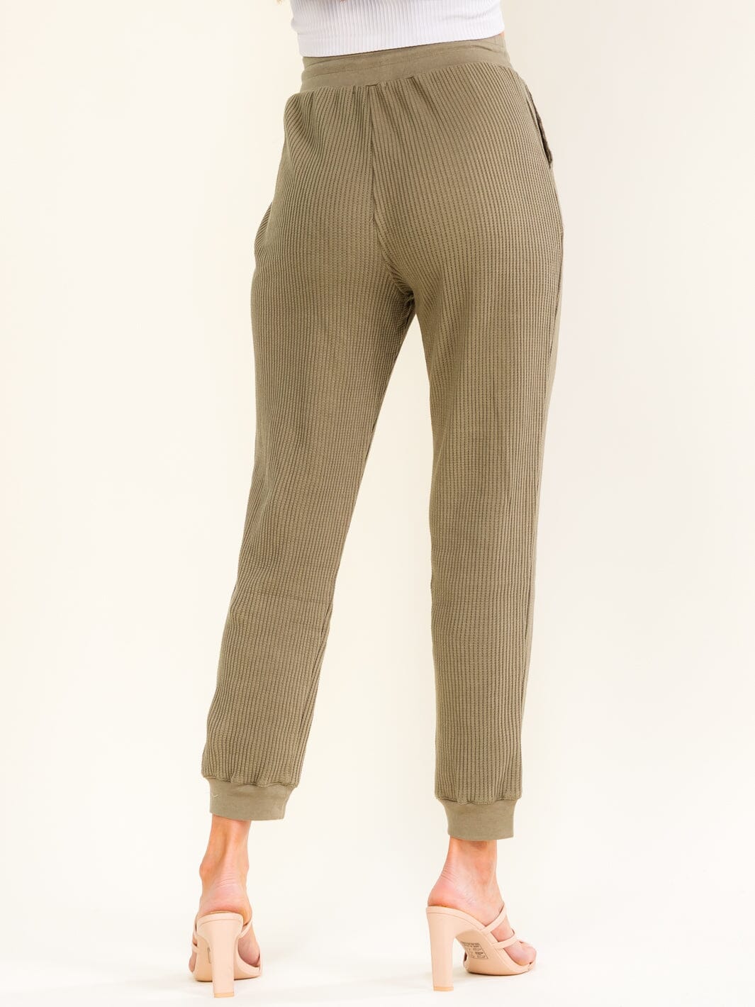 WOMEN'S ELASTIC WAIST FRONT POCKETS SELF TIE JOGGER LEG PANTS