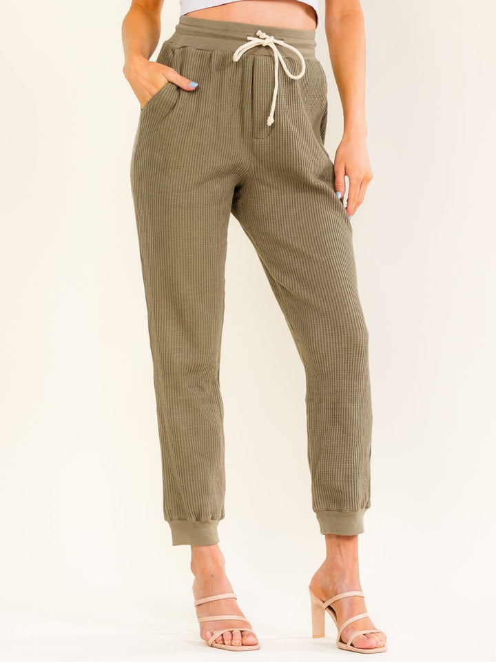 WOMEN'S ELASTIC WAIST FRONT POCKETS SELF TIE JOGGER LEG PANTS
