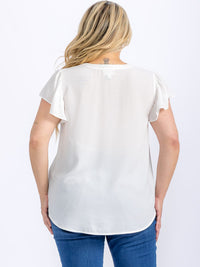 PLUS SIZE SHORT SLEEVE V-NECK CROCHET DETAILED HIGH-LOW BLOUSE