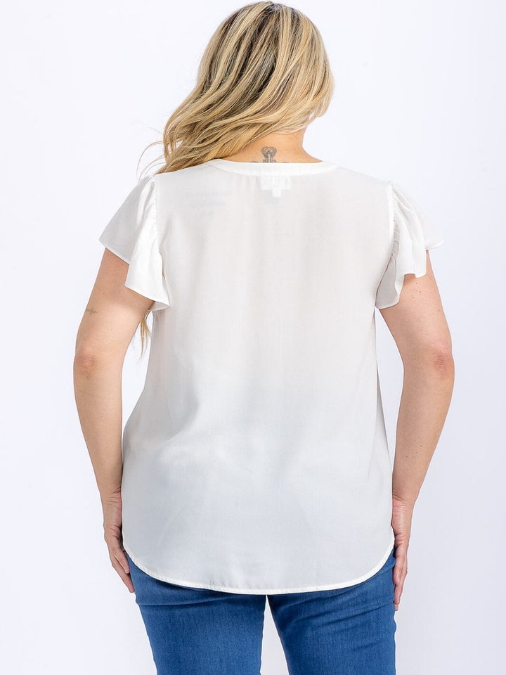 PLUS SIZE SHORT SLEEVE V-NECK CROCHET DETAILED HIGH-LOW BLOUSE