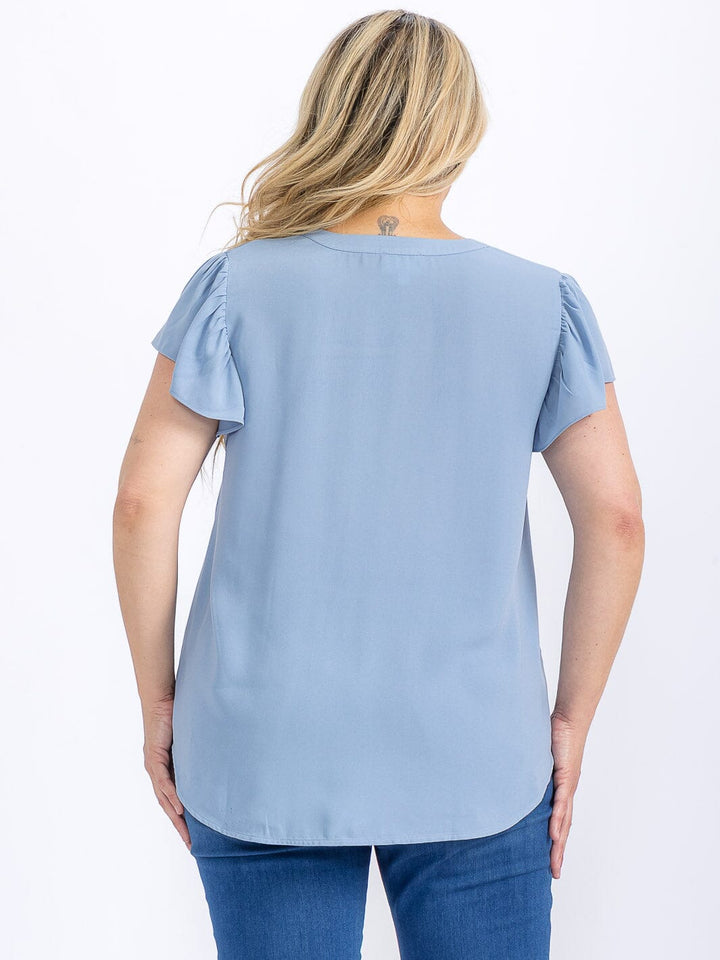 PLUS SIZE SHORT SLEEVE V-NECK CROCHET DETAILED HIGH-LOW BLOUSE