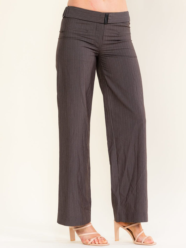 WOMEN'S BUTTON CLOSURE BELTED STRIPES STRAIGHT LEG PANTS