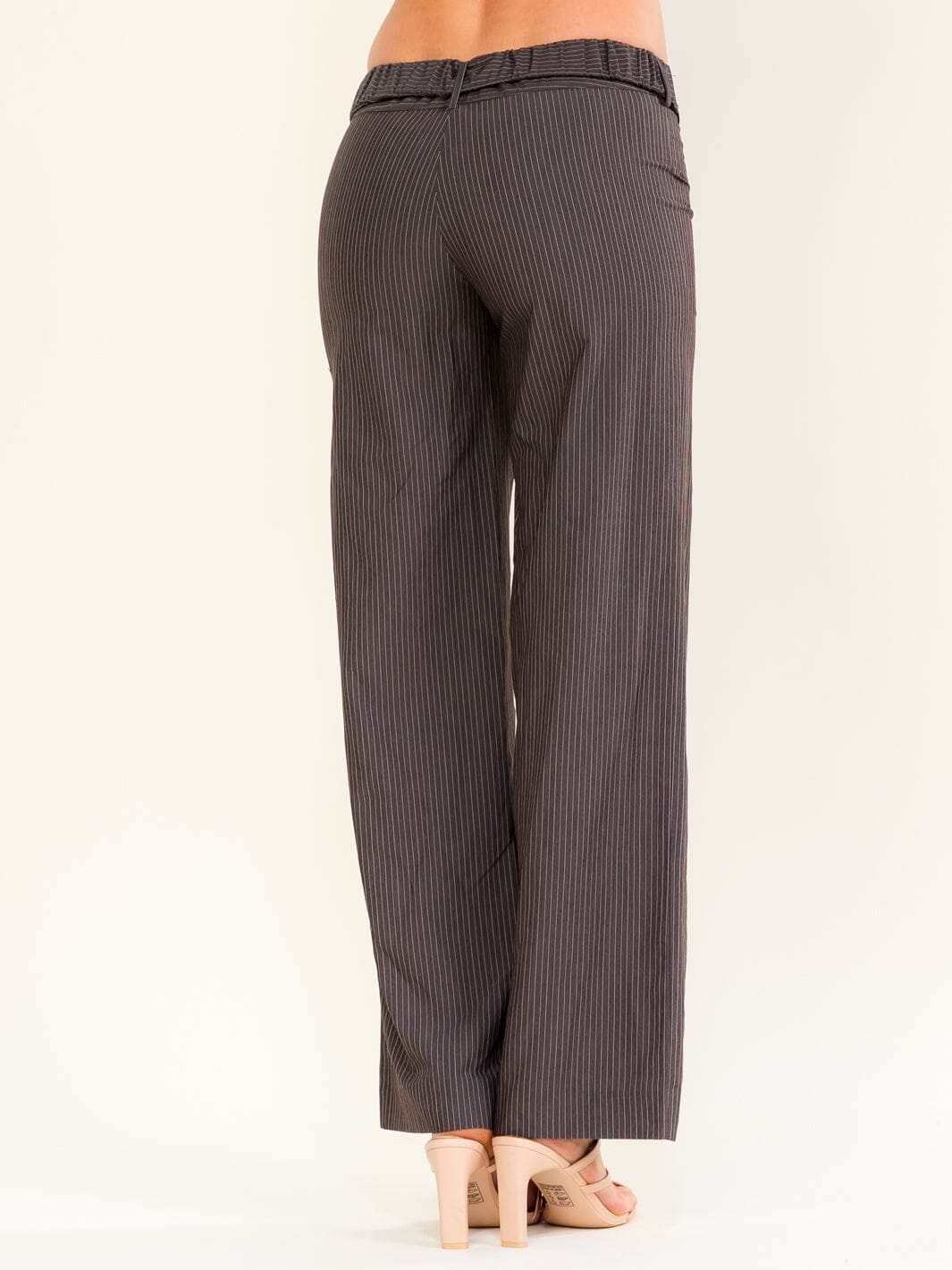 WOMEN'S BUTTON CLOSURE BELTED STRIPES STRAIGHT LEG PANTS