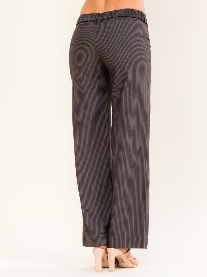 WOMEN'S BUTTON CLOSURE BELTED STRIPES STRAIGHT LEG PANTS