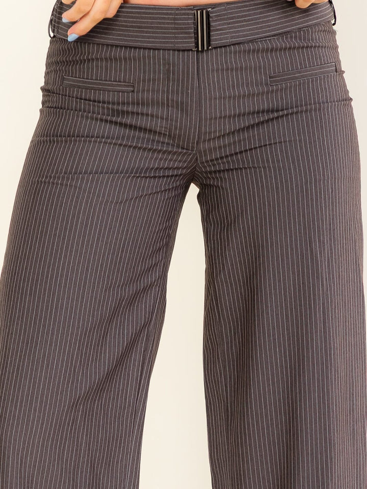 WOMEN'S BUTTON CLOSURE BELTED STRIPES STRAIGHT LEG PANTS